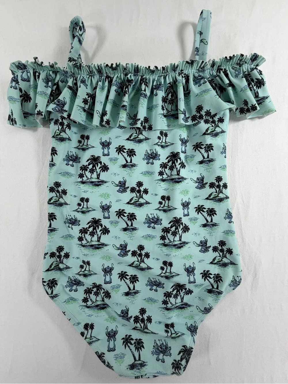 Disney Lilo & Stitch One-Piece Swimsuit Girls Size 9/10 Aqua Tropical‎ Ruffle